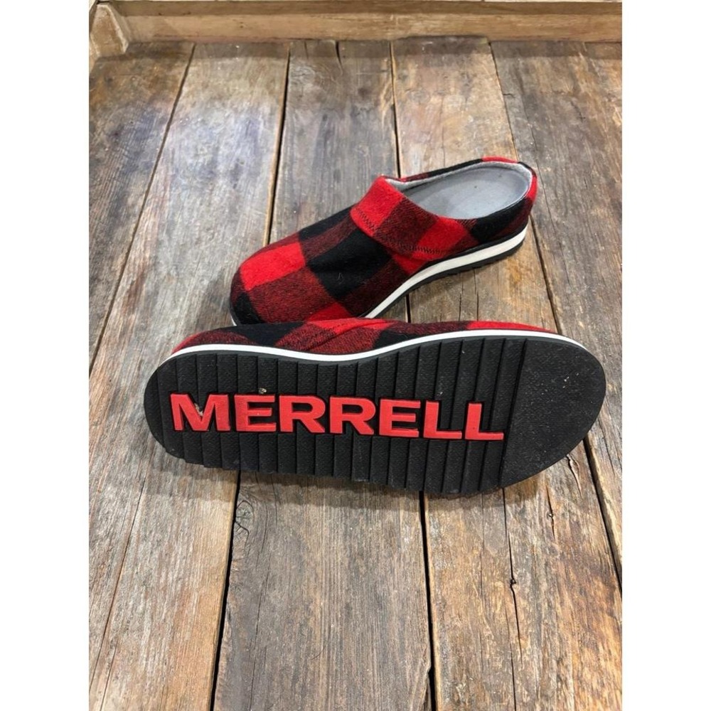 Merrell Juno red buffalo plaid felt slippers slide on Shoes
